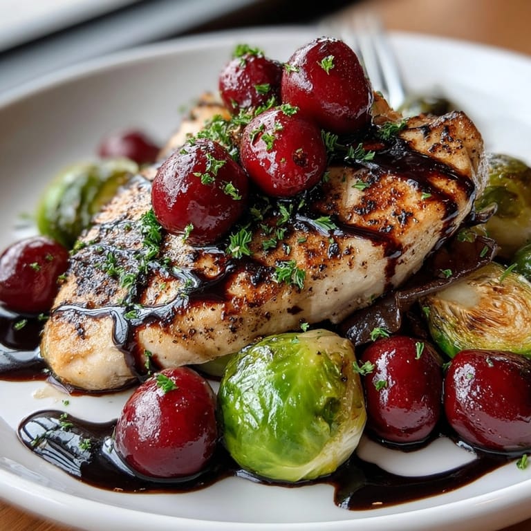 Tender Sheet-Pan Cherry Balsamic Chicken & Brussels, perfectly roasted with sweet cherries and caramelized veggies.