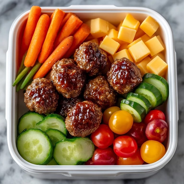 Savory Cream Soda–Glazed Meatball Snack Box with tender meatballs and crisp veggies in a perfect lunch.