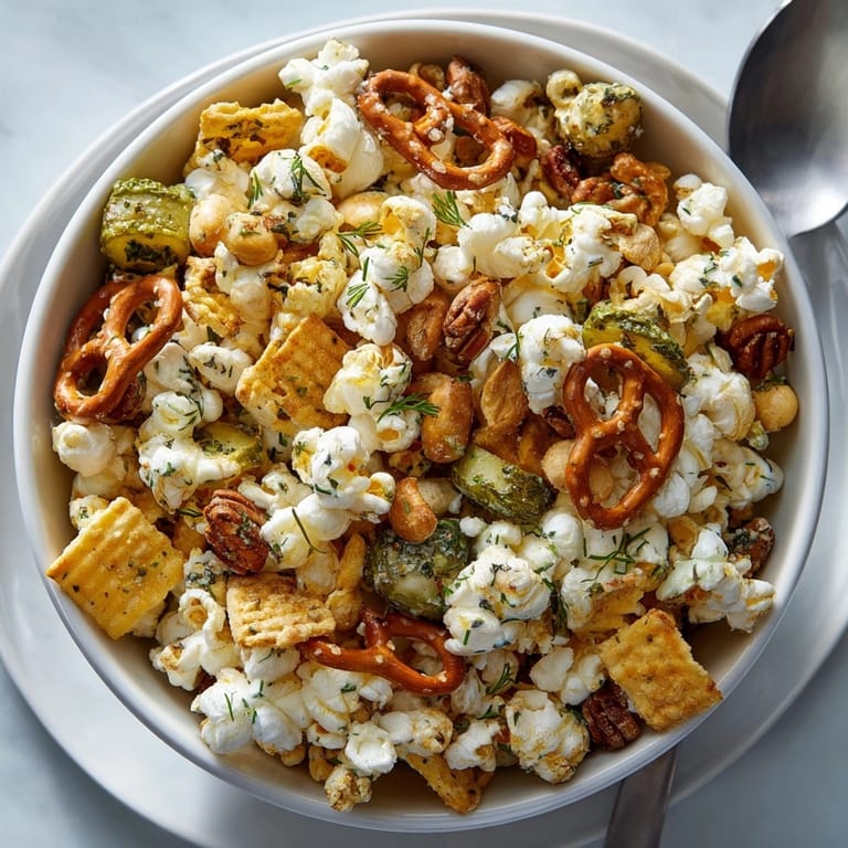 Freshly made Pickle-Fix Ranch Popcorn Crunch Mix with a delightful blend of dill pickle and ranch flavors.