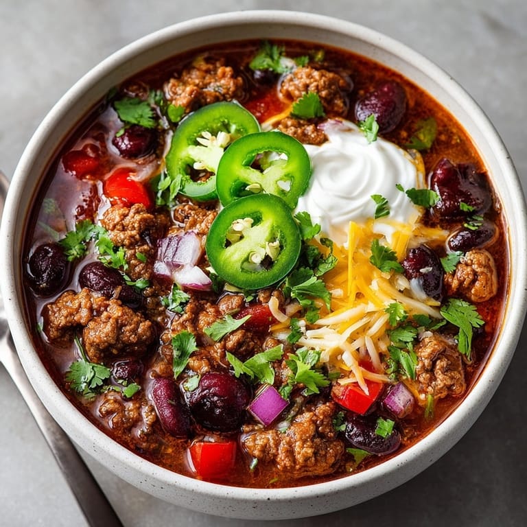 A close-up of the rich, dark one-pot cherry chipotle turkey chili, ready to enjoy with toppings.