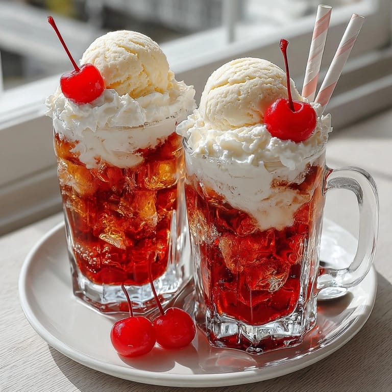 Indulge in a delicious Rebel Float Cherry Cola Cream Fizz featuring bubbly cola and creamy vanilla ice cream.
