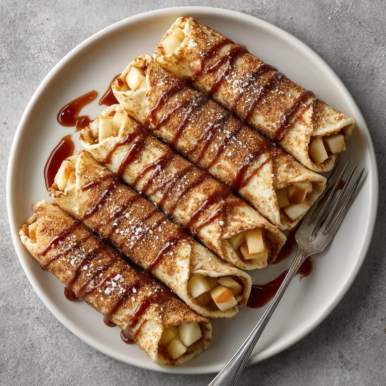 A close-up of warm Fall Caramel Apple Dessert Wraps, showcasing the caramelized apples and drizzled caramel.