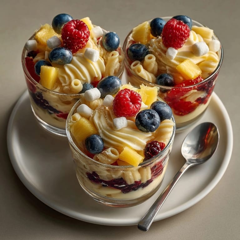 Looking at a layered serving of Rebel Soda Jello Parfait Pasta Salad, ready for summer parties.