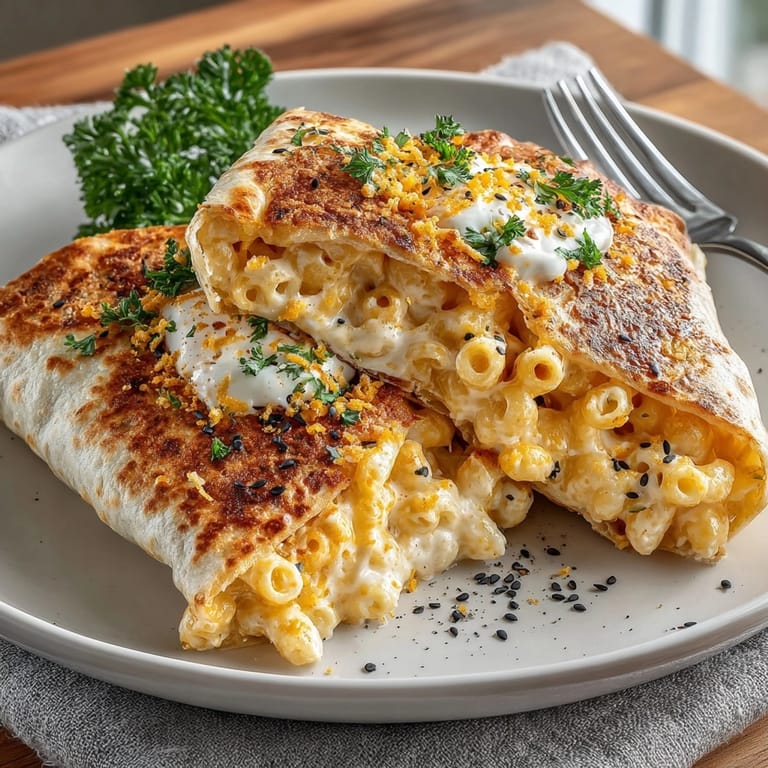 A delicious photo of a Halloween Orange Cheddar Mac Wrap, showing cheesy and flavorful filling.