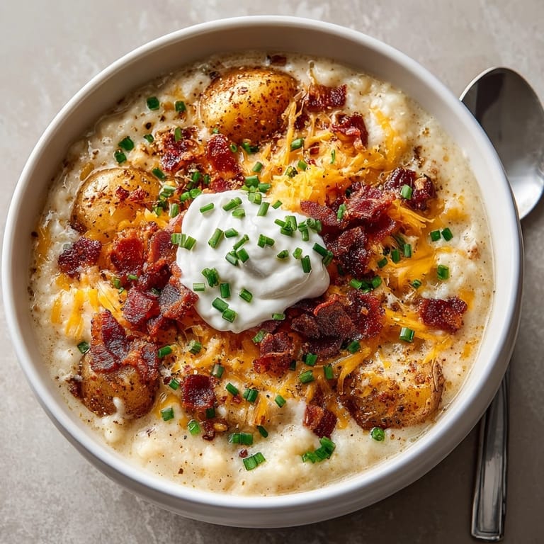 Golden-brown, bubbly Loaded Baked Potato Soup: imagine the hearty flavors and textures.