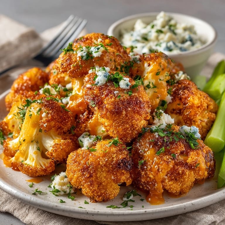 Close-up of spicy, savory Cauliflower Buffalo Bites, perfect party food with a flavorful kick.