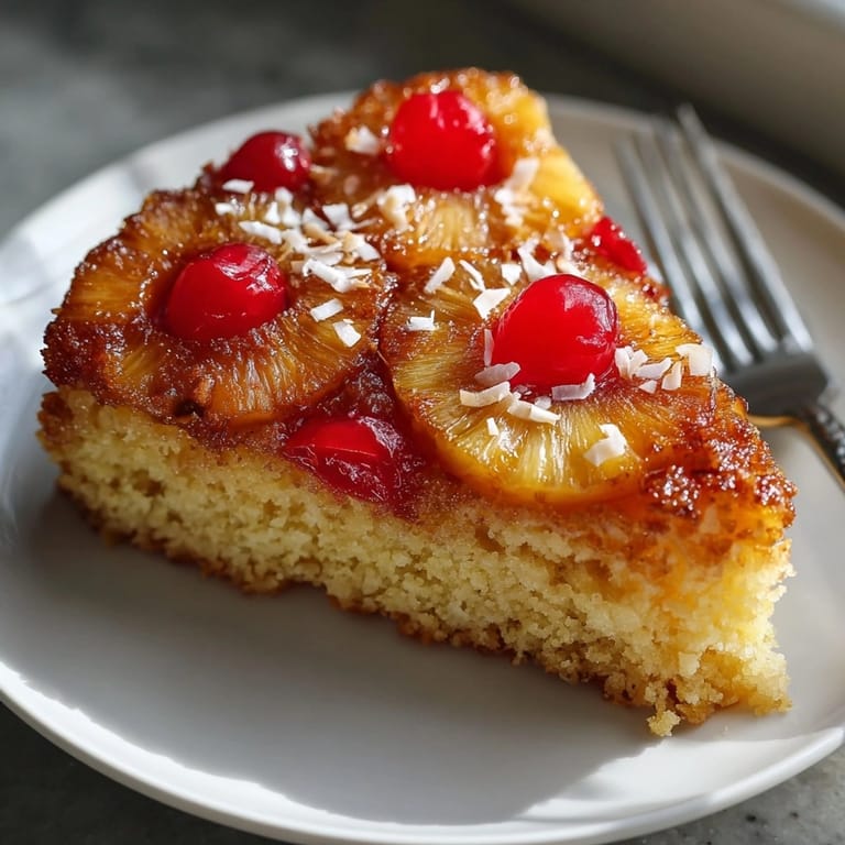 A slice of warm Tropical Pineapple Upside Down Cake, featuring vibrant pineapple and cherries, is ready to serve.
