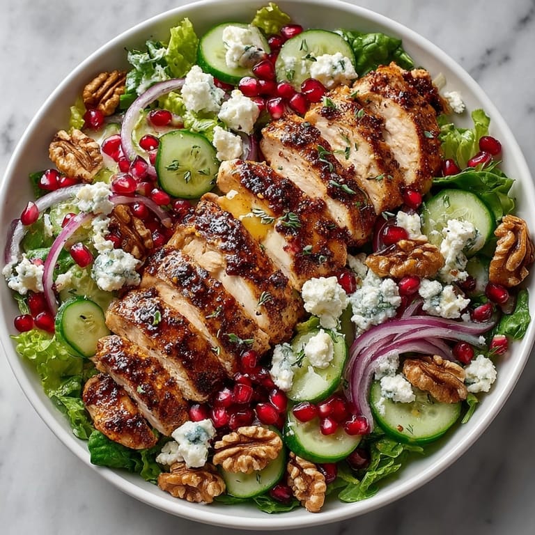 Colorful Pomegranate Walnut Chicken Salad served with a zesty lemon vinaigrette and crunchy walnuts.