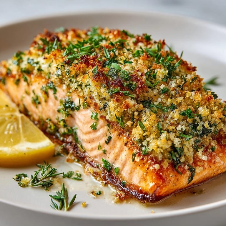 Hot Garlic Butter Herb Crusted Salmon plated with a crispy topping, ready for an easy dinner.