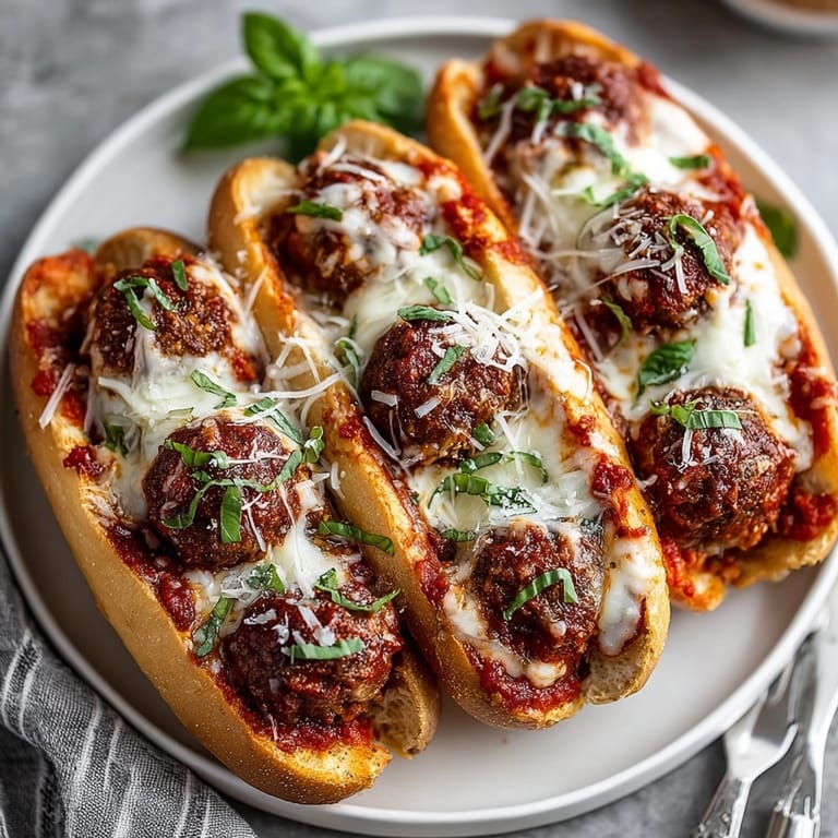 Golden toasted sub rolls filled with juicy stuffed cheese meatballs, rich tomato sauce, and melty cheese.
