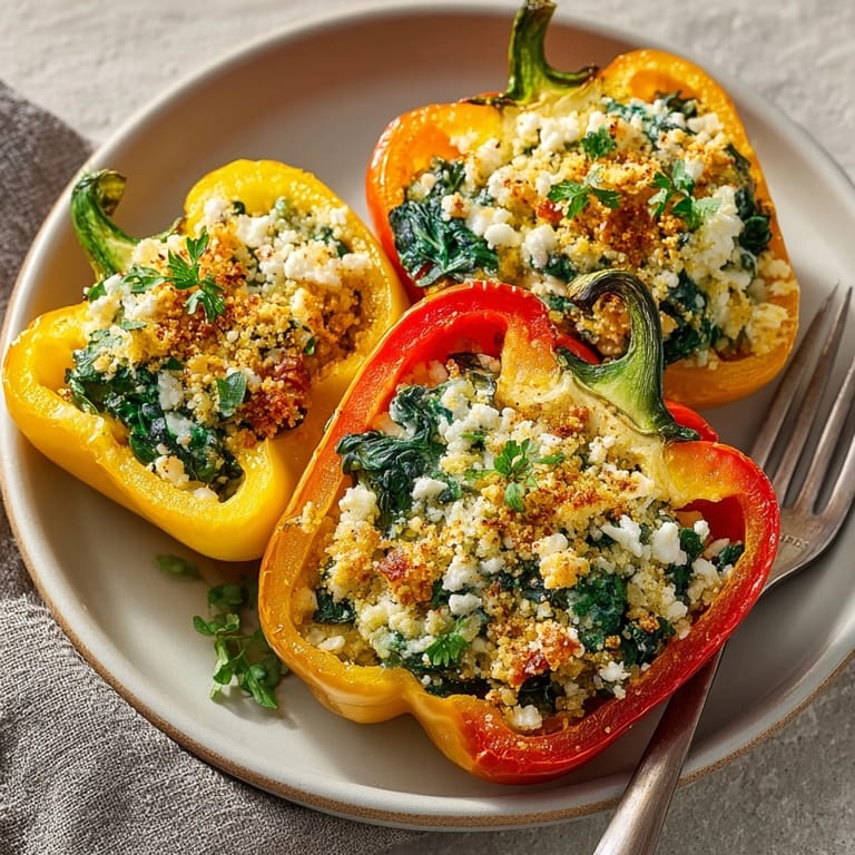 Freshly baked Spinach and Feta Stuffed Peppers served warm, with vibrant colors and melty filling.