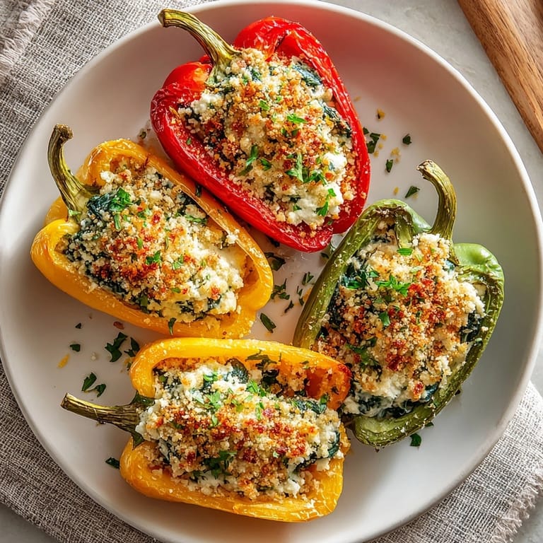 Mediterranean Spinach and Feta Stuffed Peppers on a baking dish, ready for a cozy vegetarian dinner.