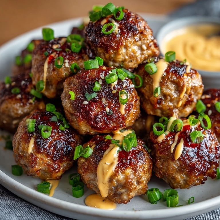 Juicy Korean BBQ Meatballs dipped in creamy spicy mayo, fresh from the oven.