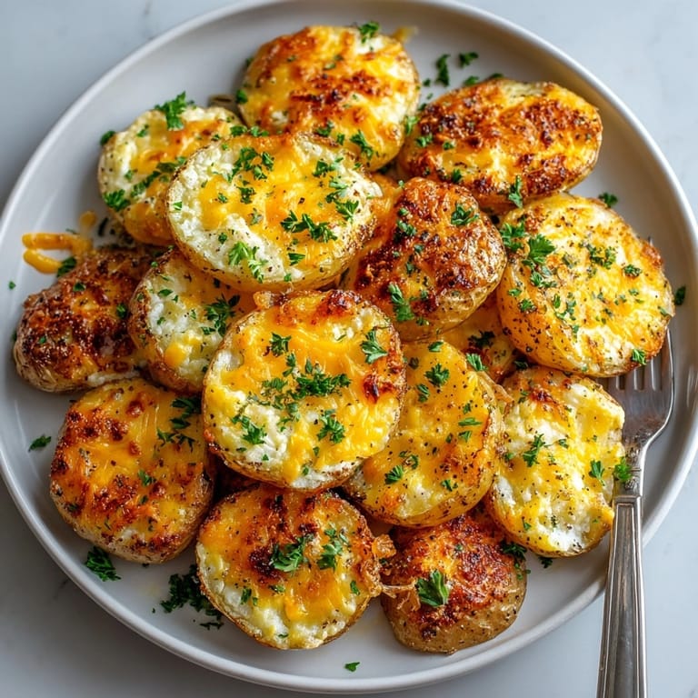 Crispy Extra Cheesy Ranch Oven Roasted Potatoes fresh from the oven, cheese perfectly melted.