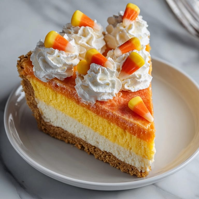 Homemade Candy Corn Cheesecake: a layered dessert, ideal for a Halloween party treat.