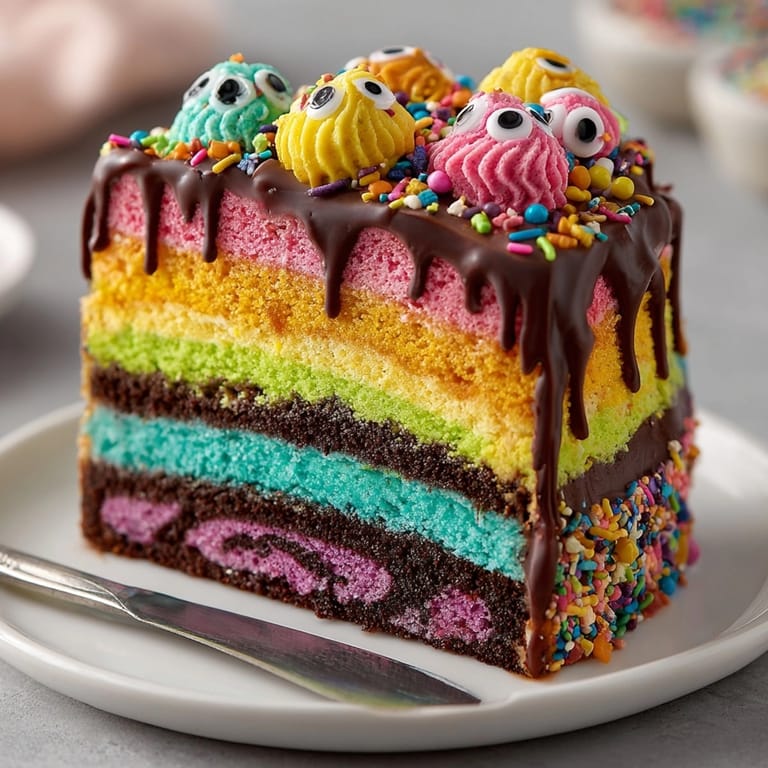 Stacked Neon Monster Drip Layer Cake, a delightful dessert with a rich chocolate drip.
