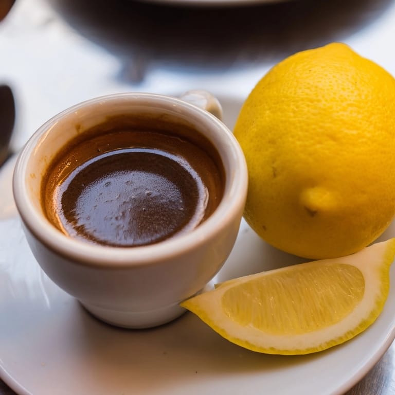 Hot Espresso Romano drink in a demitasse cup, paired with a lemon for squeezing.