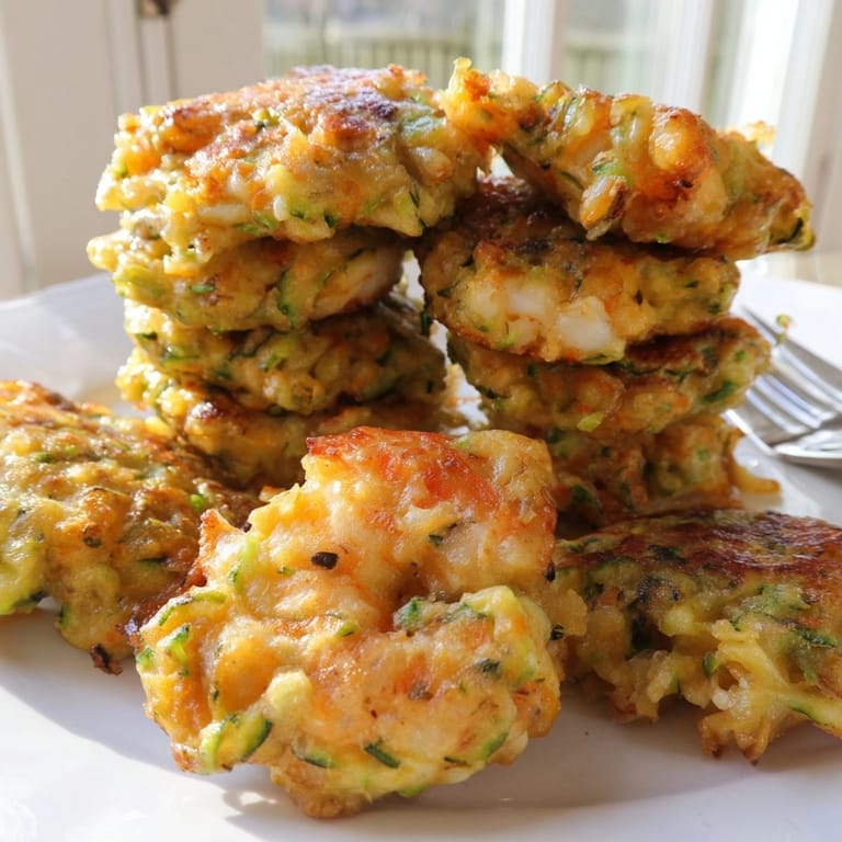 Savory shrimp and cheddar zucchini fritters recipe; ready to serve with lemon wedges.