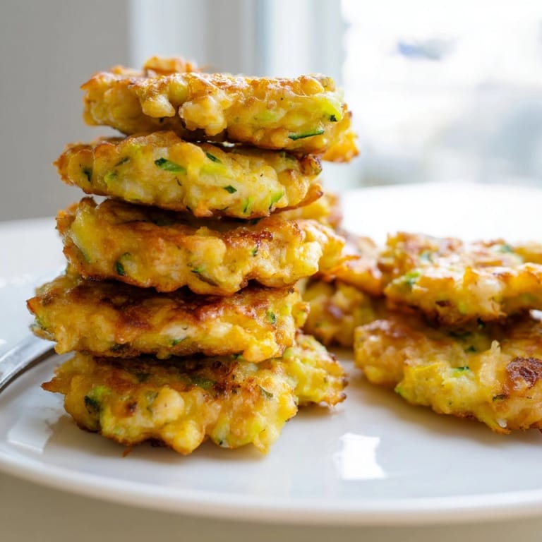 Close-up showing freshly fried golden-brown Shrimp and Cheddar Zucchini Fritters on a paper towel.