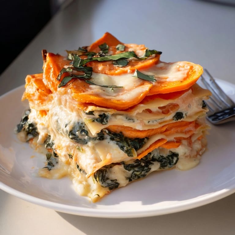 Close up of creamy Alfredo Sweet Potato Lasagna: layers of tender sweet potatoes and spinach.