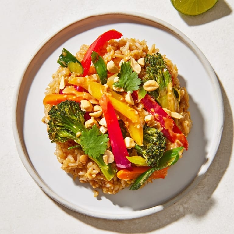 Golden-brown rice, vibrant vegetables, and creamy peanut sauce make up this delicious Thai Peanut Stir-Fry.