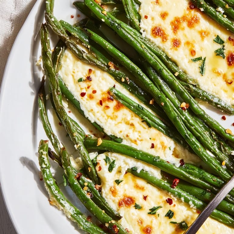 Scoops of Cheesy Garlic Roasted Green Beans: a perfect partner to roasted chicken.