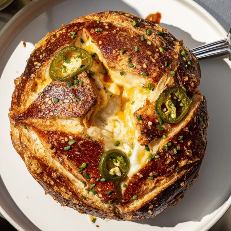 Warm and cheesy Cheesy Jalapeño Pretzel Cracked Loaf pulled apart, ideal for sharing and dipping.