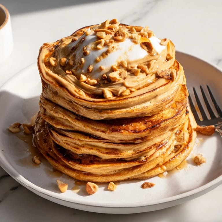 Cozy pumpkin spice peanut butter pancakes drizzled with warm syrup for breakfast.  