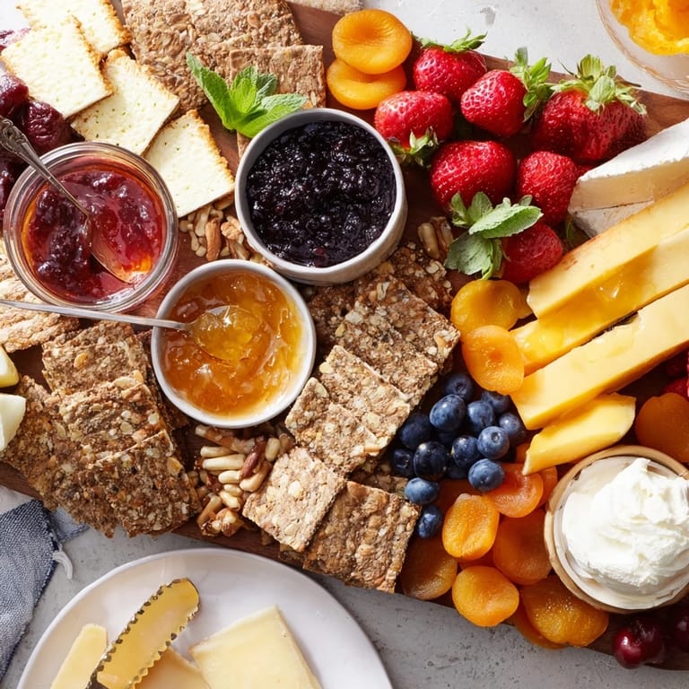 Enticing jam-infused brunch board adorned with assorted jams and roasted almonds.