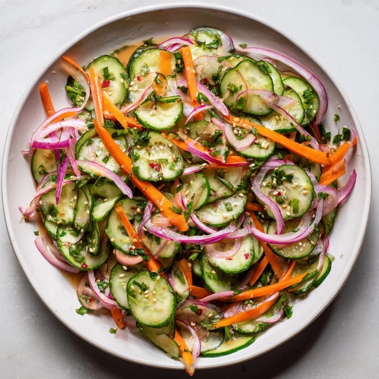 Refreshing cucumber salad remix with a tangy dressing, perfect for warm days.
