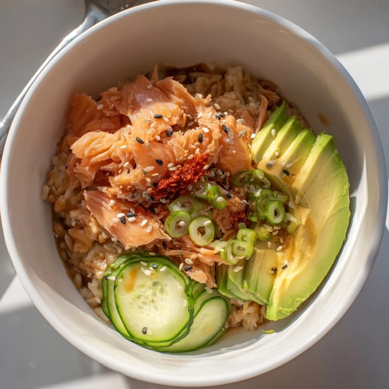 Microwave steamed Leftover Salmon & Rice Bowl, perfect for a nutritious weeknight dinner.