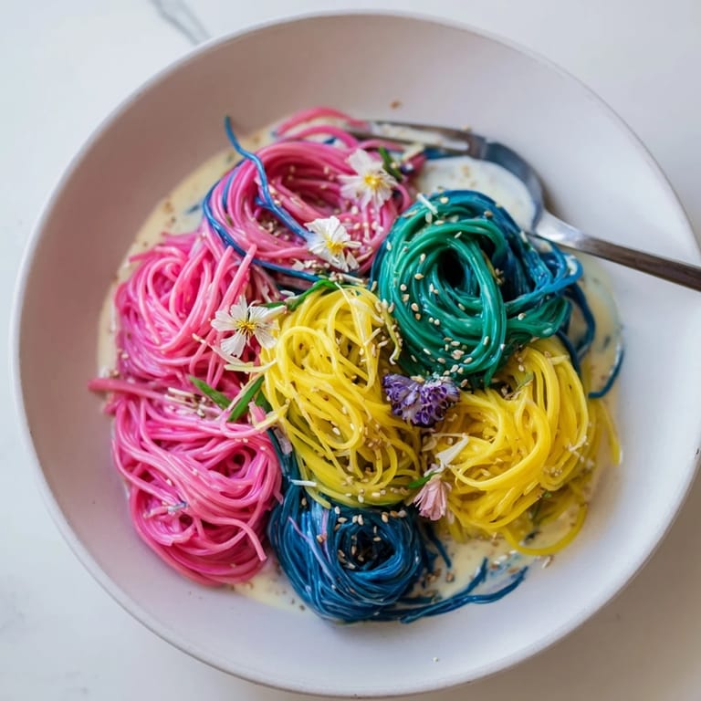 Vibrant Neon Noodle Cloud served with scallions and edible flowers on top.  