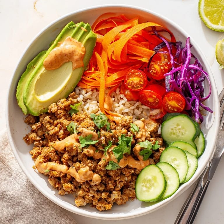 Deliciously seasoned plant-based meat bowl with avocado and colorful toppings.  