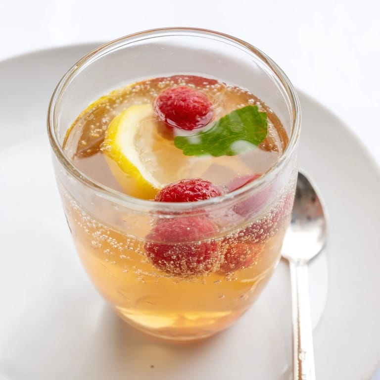 Ginger-lime Kombucha-style mocktail served chilled with a sprig of mint.  