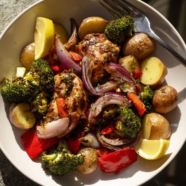 Hearty Lazy Gourmet Chicken & Vegetable One-Pot featuring tender chicken thighs and colorful bell peppers.