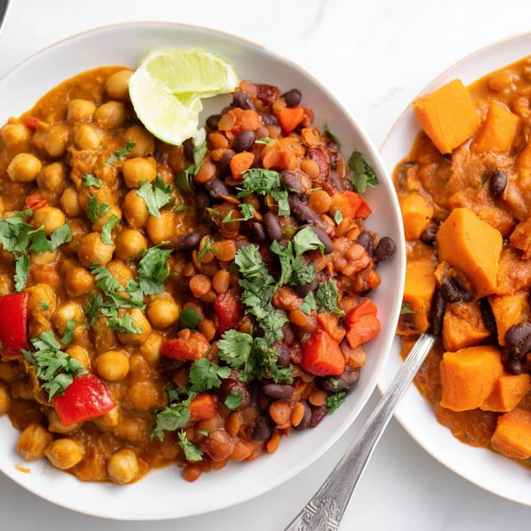 Vibrant Thai Red Lentil Curry bubbling with colorful vegetables, ready to serve with lime.  