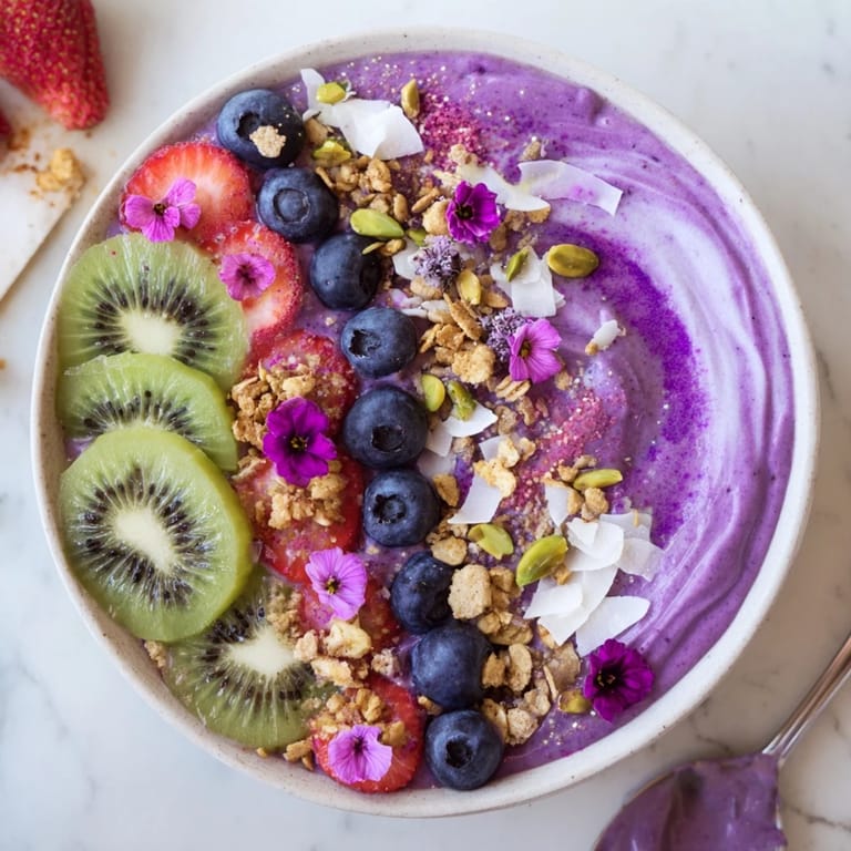 Delightful smoothie bowls bursting with flavor, garnished with kiwi and edible flowers.