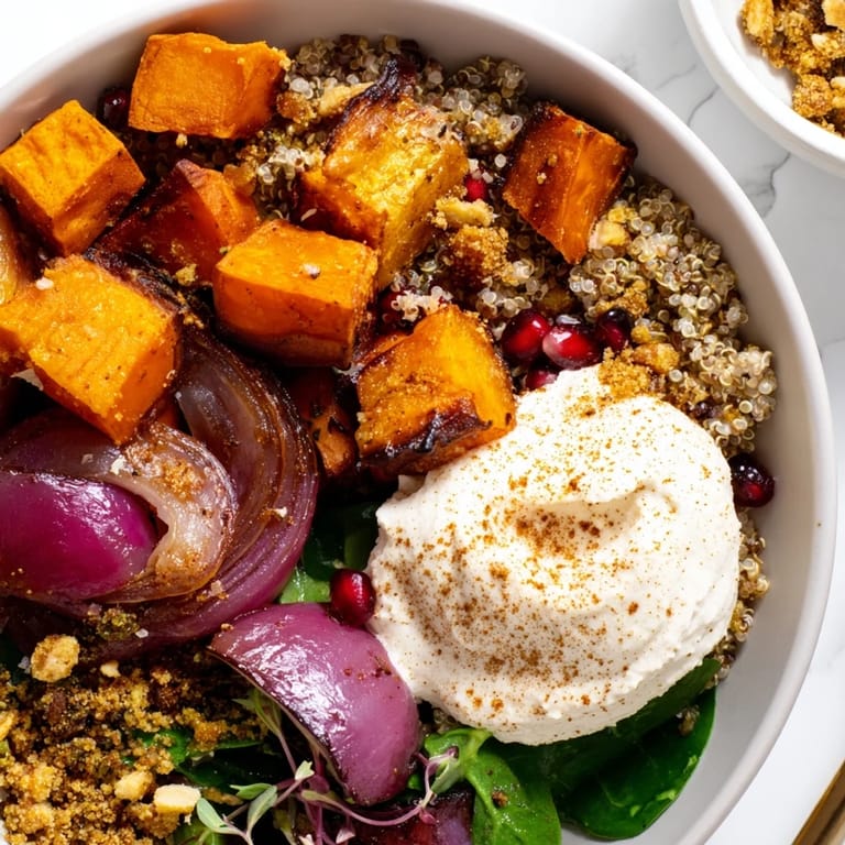 Nutrient-rich spiced winter bowls featuring colorful roasted veggies and ube-coconut purée.  