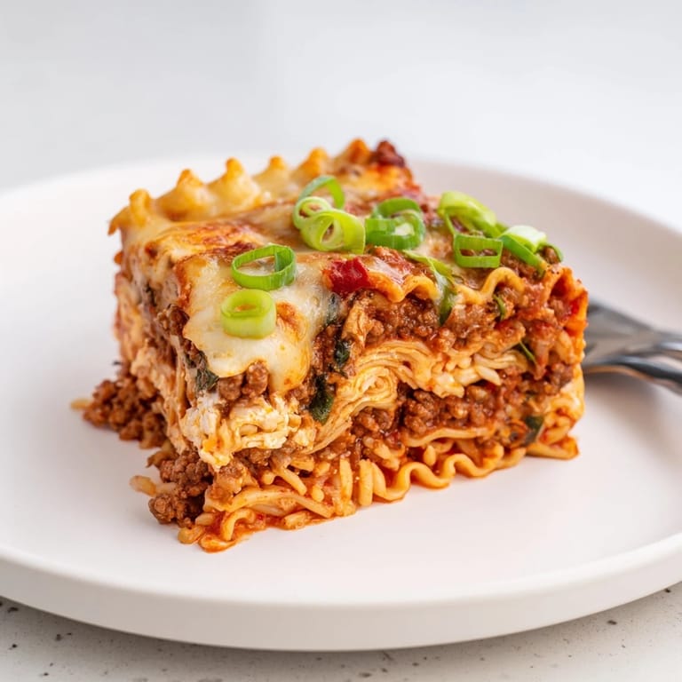 Flavorful Spicy Ramen Lasagna served hot, garnished with fresh green onions for extra zest.