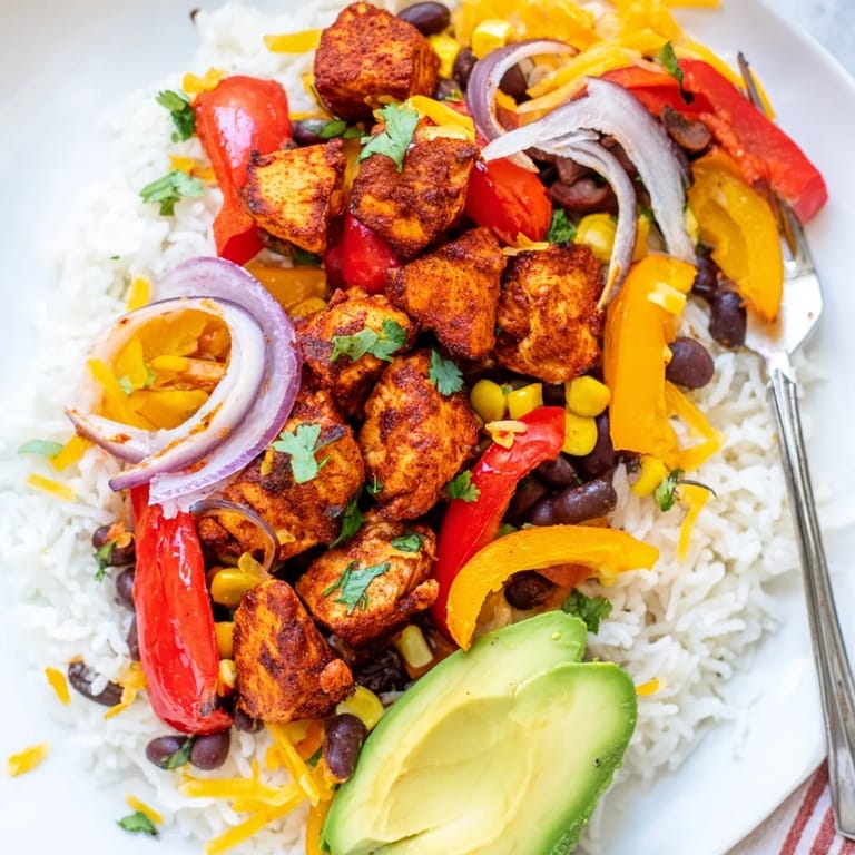 A close-up of delicious Sheet Pan Chicken Burrito Bowls, showcasing juicy chicken and colorful, roasted bell peppers.