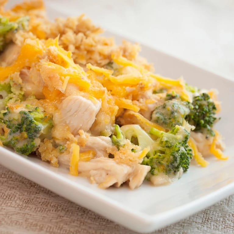 This hearty Chicken & Broccoli Cheddar Bake casserole offers a comforting, cheesy, and flavorful main dish.