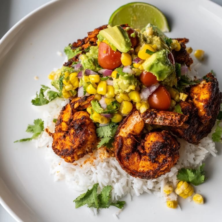 This Blackened Shrimp Bowl showcases perfectly cooked shrimp alongside creamy avocado and corn.