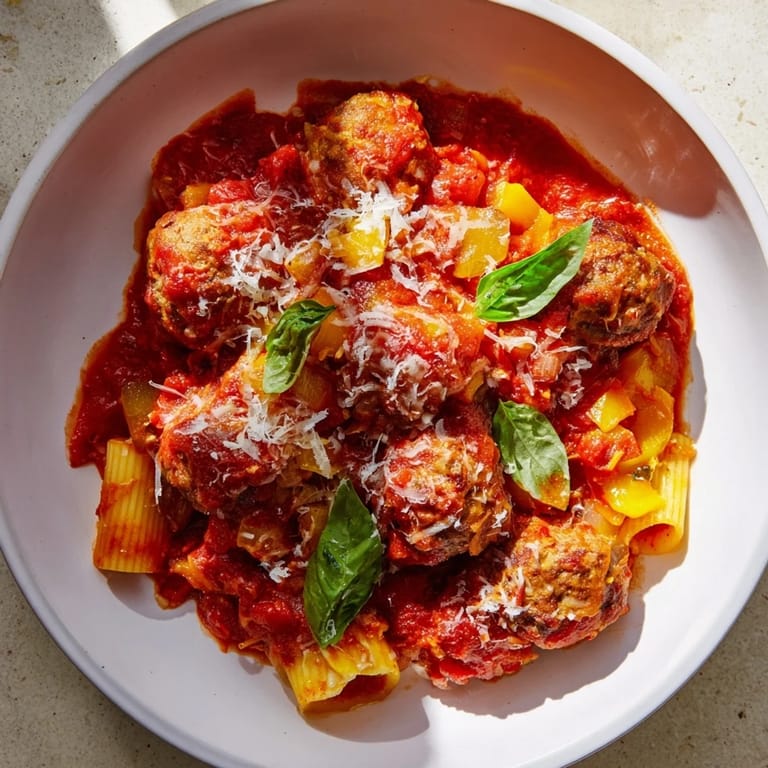 A comforting photo of a bubbling Italian Meatball Pasta Skillet, loaded with melted mozzarella.