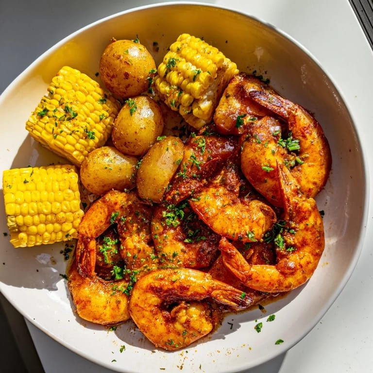 Freshly made Cajun Shrimp recipe, the sweet corn on the cob is beautifully roasted alongside.
