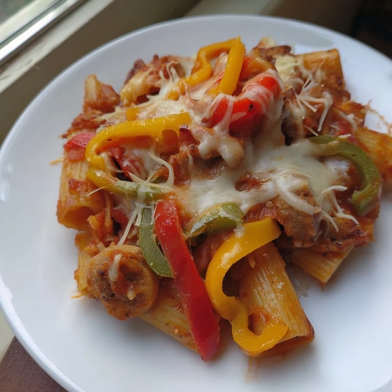A close-up of cheesy Baked Rigatoni with Sausage & Peppers, ready to serve with fresh herbs, smelling delicious.