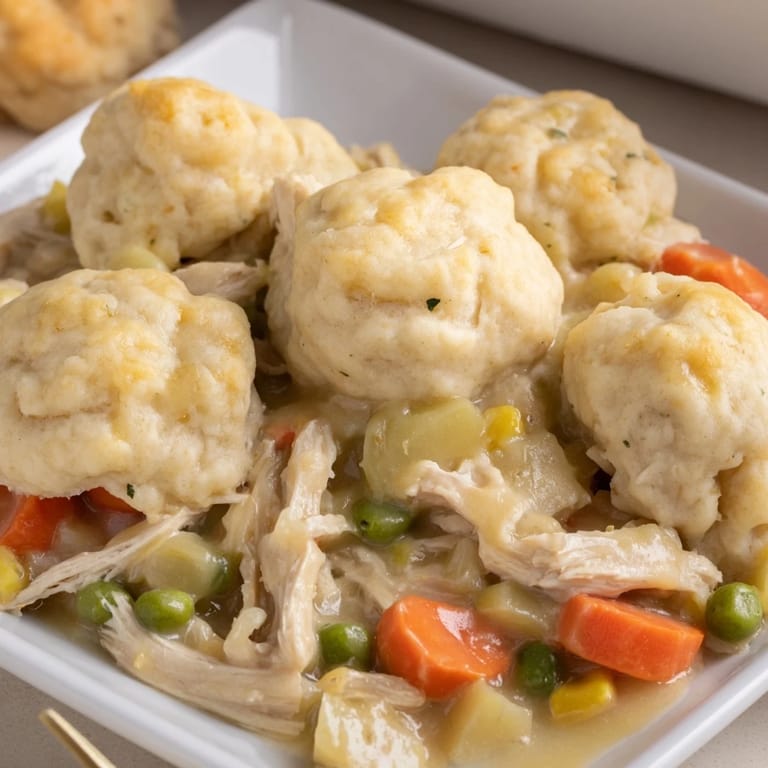 Fluffy, baked dumplings topping a creamy Chicken and Dumplings Casserole, a classic American comfort food.
