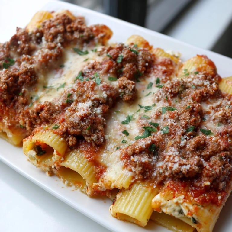 Enjoy a hearty, steaming plate of Baked Ziti with Meat Sauce, a classic Italian comfort food.