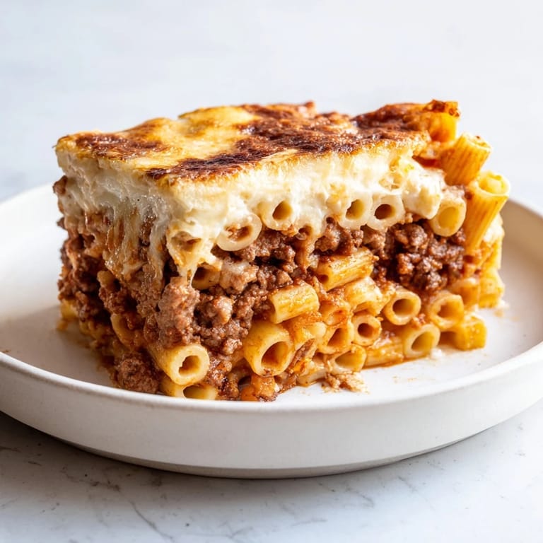 Imagine a close-up of Pastitsio: a bubbling casserole of pasta beneath a golden béchamel.