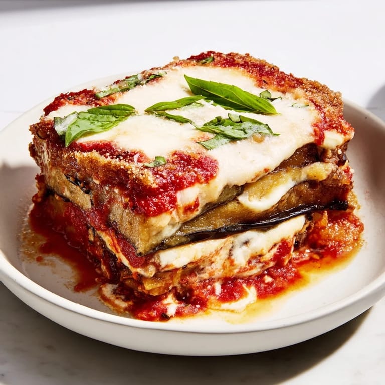 A hearty slice of Eggplant Parmesan Lasagna, boasting a rich tomato sauce and inviting aroma.