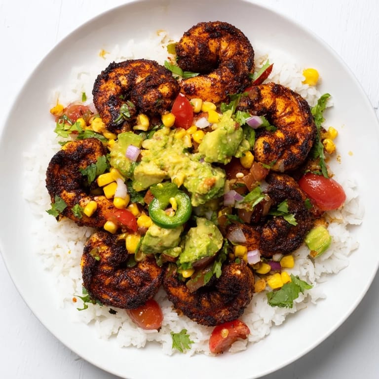 Close-up of a delicious, colorful blackened shrimp bowl, ready to enjoy with a squeeze of lime.